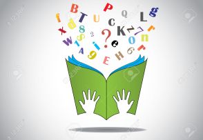 hand holding open book with flying alphabets n question mark. two little human or children hands holding a green study book with flying alphabet and question mark - education concept illustration